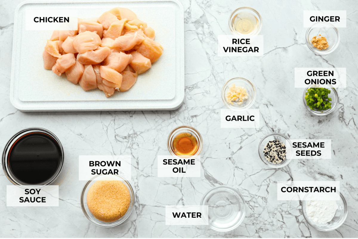 Super flavorful Air Fryer Teriyaki Chicken cooks up perfectly every time! It's tender and juicy on the inside, with a tasty teriyaki sauce coating the outside. Pair with rice and veggies for an easy meal on busy nights! Overhead shot of labeled ingredients.