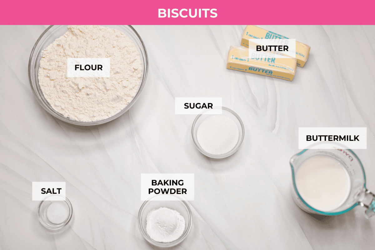 Biscuit Cinnamon Rolls are the most amazing twist on a classic! They are perfectly light, fluffy, and packed with cinnamon. The texture is more flakey and moist than traditional cinnamon rolls! Whether it’s for a cozy weekend breakfast or a holiday brunch, these hit the spot! Overhead shot of labeled biscuit ingredients.