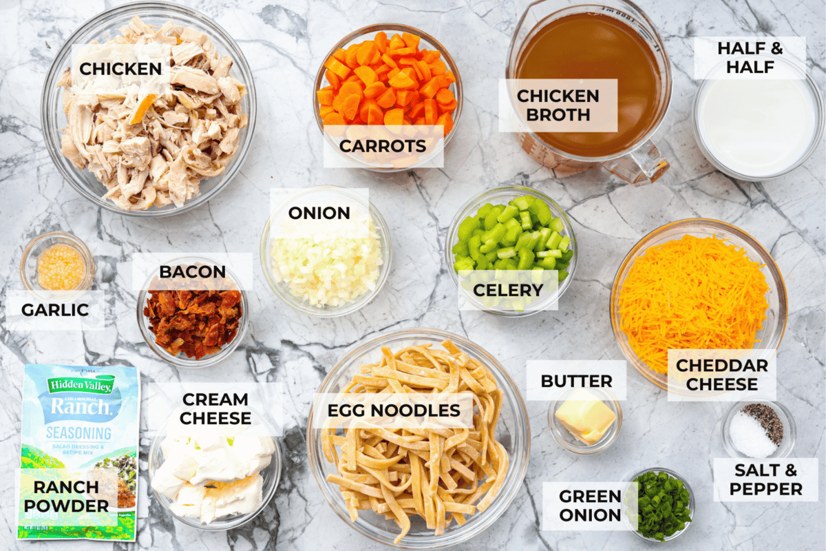 This crack chicken noodle soup is absolutely irresistible! It's packed with shredded chicken, bacon, ranch seasonings, and noodles, all in a deliciously creamy broth. One bite, and you'll be hooked! Overhead shot of labeled ingredients.