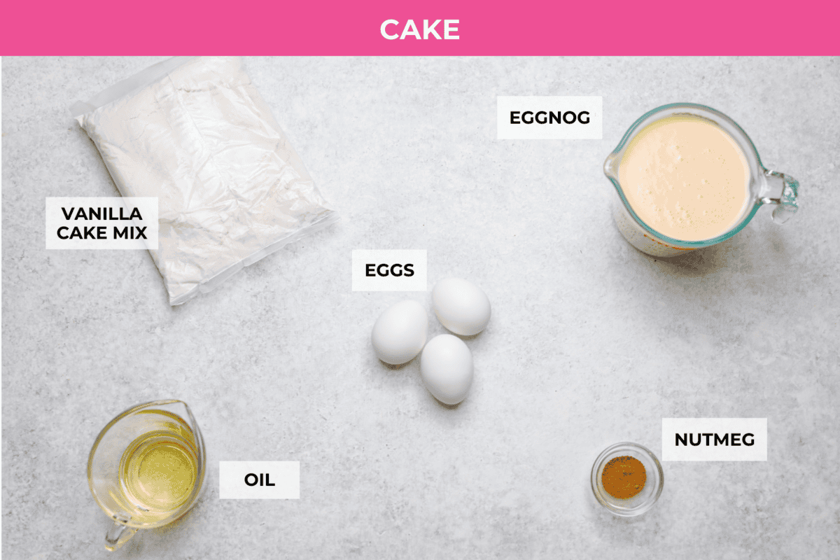 Eggnog Poke Cake could not be more perfect for the holiday season! It combines the rich flavor of eggnog with the soft, moist texture of a classic poke cake. Add fluffy whipped topping and a sprinkle of nutmeg and cinnamon to really wow your family! Overhead shot of labeled cake ingredients.