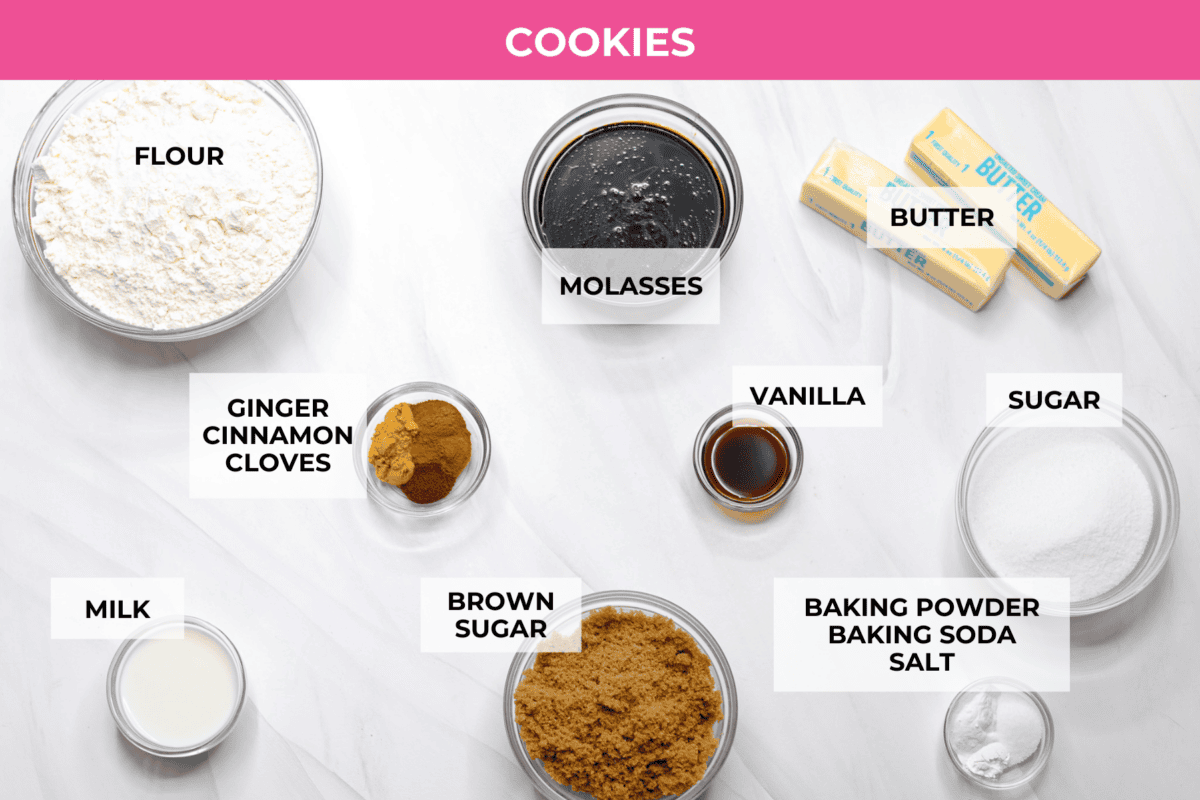 These gingerbread crinkle cookies are incredibly soft and flavorful! Their deep molasses flavor, spiced to perfection and rolled in powdered sugar, is so good with a glass of milk. They are the perfect cookies to make for Santa this holiday season. Overhead shot of labeled cookie ingredients.