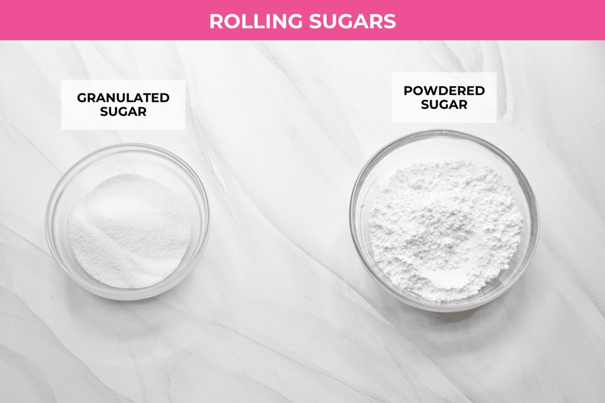 These gingerbread crinkle cookies are incredibly soft and flavorful! Their deep molasses flavor, spiced to perfection and rolled in powdered sugar, is so good with a glass of milk. They are the perfect cookies to make for Santa this holiday season. Overhead shot of labeled rolling sugars ingredients.