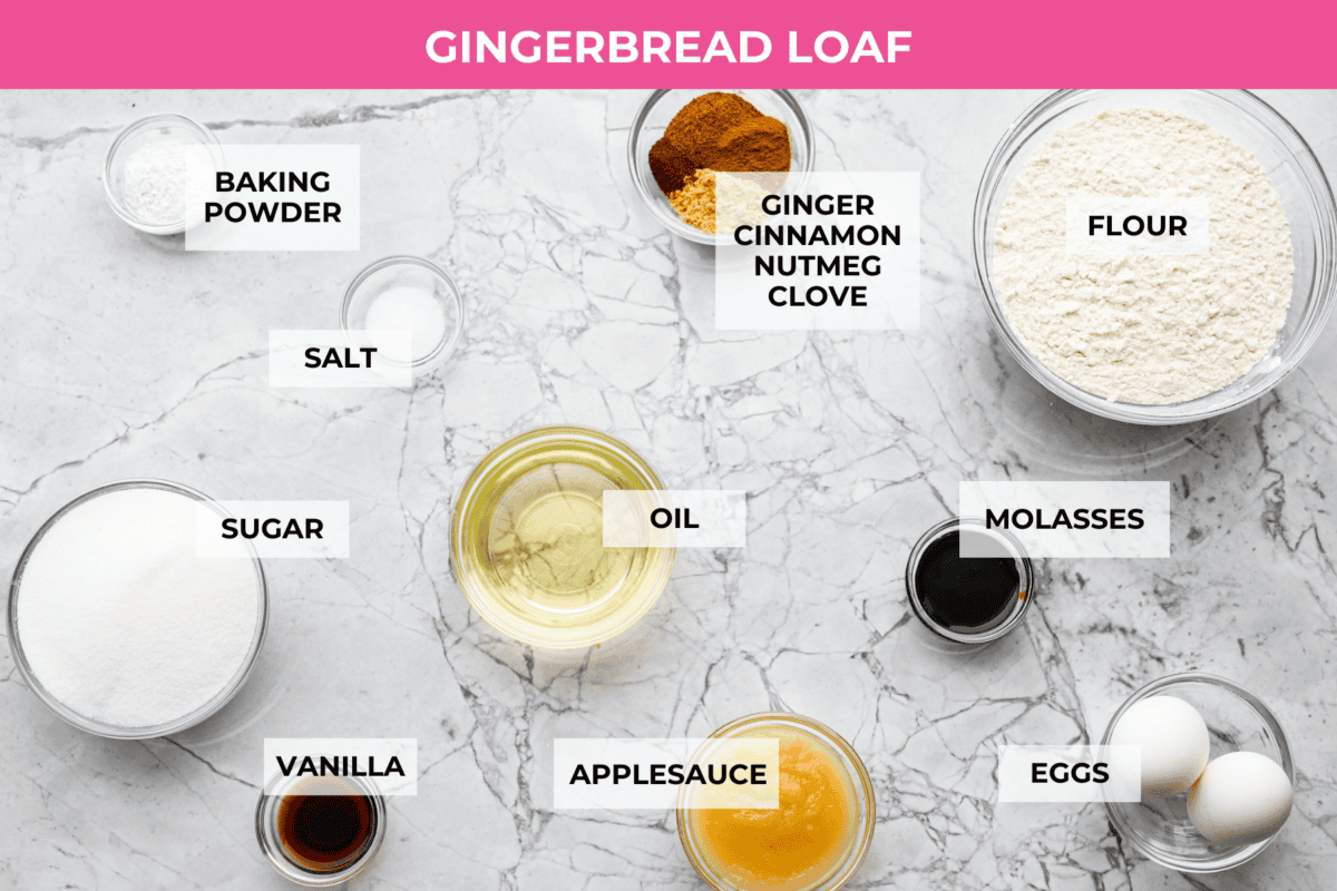 Starbucks copycat gingerbread loaf is the ultimate holiday treat! It's coated in a simple cream cheese frosting and is full of warm spices and rich molasses flavor. Enjoy it for Christmas brunch or a sweet treat at night! Overhead loaf of gingerbread loaf ingredients.