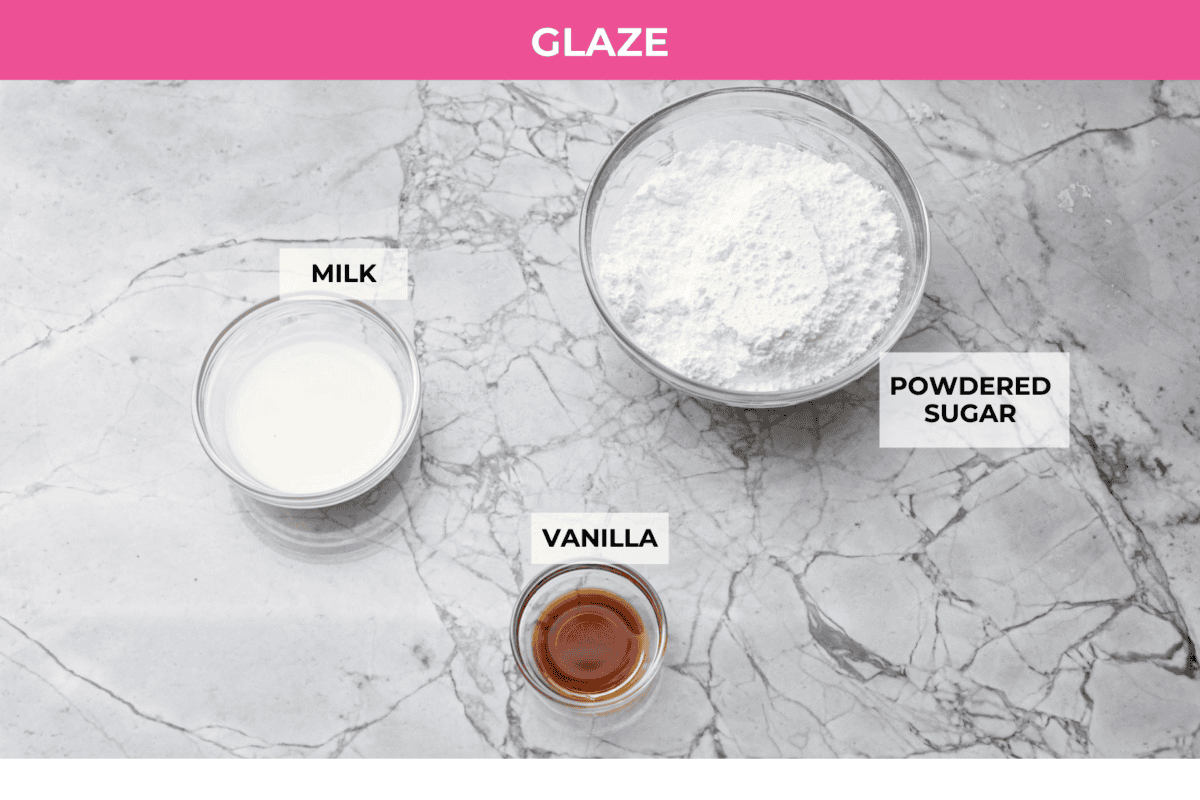 Irresistible Cinnamon Pull-Apart Bread is inspired by the popular cinnamon bread served at the Grist Mill eatery in Dollywood. With this copycat version, you can recreate that buttery, sweet deliciousness easily with frozen rolls. Overhead shot of labeled glaze ingredients.