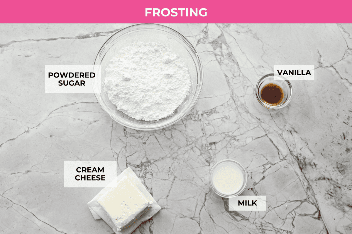 Starbucks copycat gingerbread loaf is the ultimate holiday treat! It's coated in a simple cream cheese frosting and is full of warm spices and rich molasses flavor. Enjoy it for Christmas brunch or a sweet treat at night! Overhead shot of labeled frosting ingredients.