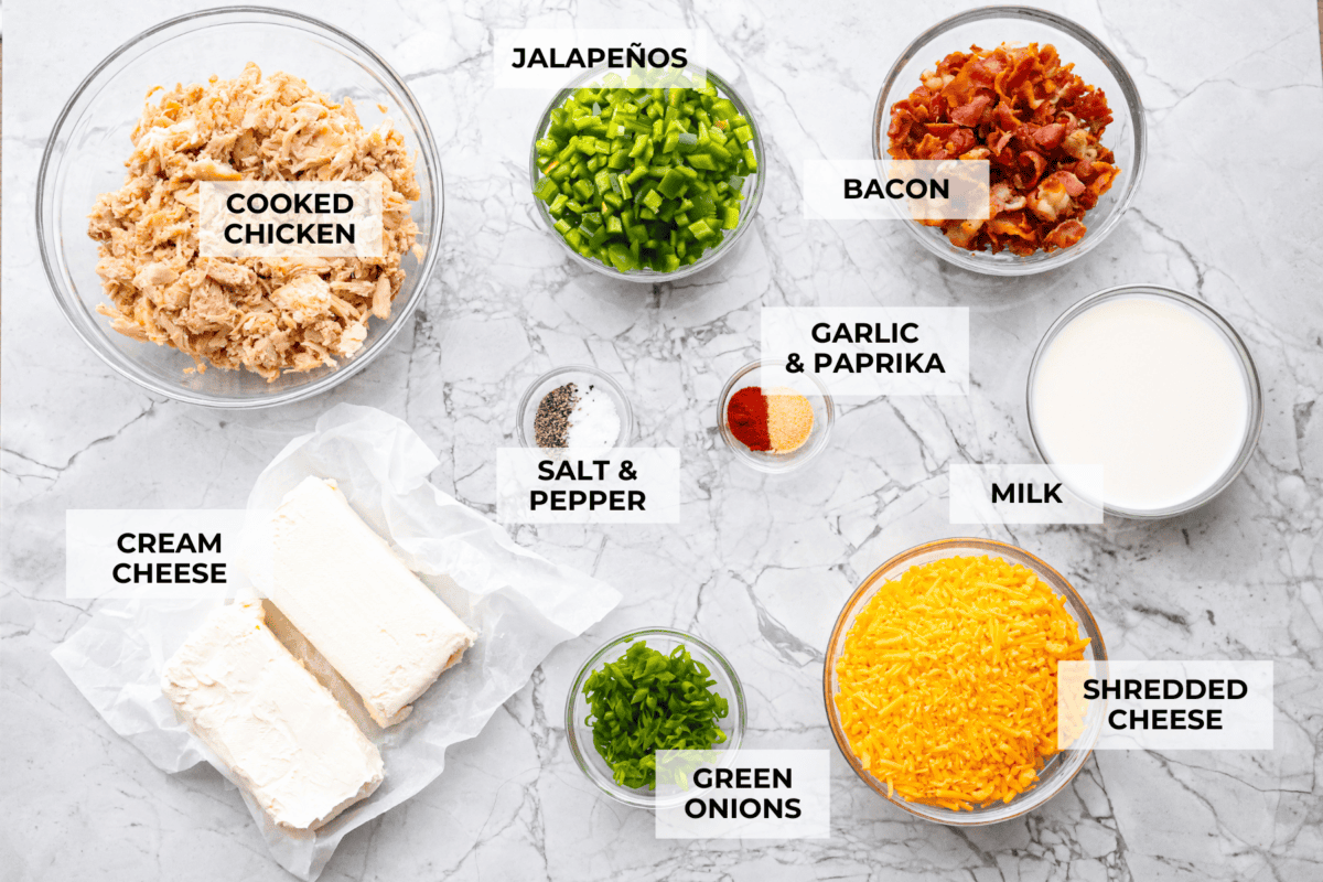 Spice up dinnertime with this creamy Jalapeño Popper Casserole! Packed with tender chicken, melty cheese, and just the right kick of heat, it's hearty and so easy to make. Delicious comfort food with a spicy twist! Overhead shot of labeled ingredients.
