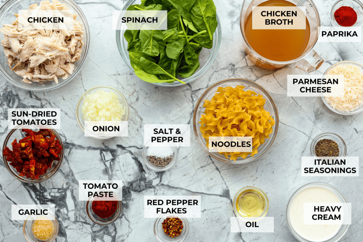 Fall in love with the creamy, comforting flavors in this marry me chicken soup! It's loaded with shredded chicken and tender noodles in a rich and creamy soup base. The irresistible flavors from the sun-dried tomatoes, garlic, and parmesan cheese take this soup over the top! Ingredients pictured and labeled to make Marry me chicken soup.