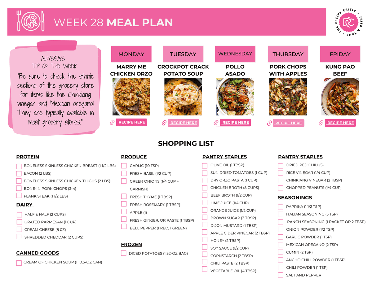 Planning meals for the week doesnโt have to be boring or repetitive! This weekโs lineup is packed with variety to keep things excitingโthink cozy crockpot recipes, quick skillet favorites, and comforting baked dishes. Each meal is simple to make, full of flavor, and guaranteed to make dinnertime the best part of your day! A pdf of a weekly meal plan and shopping list.