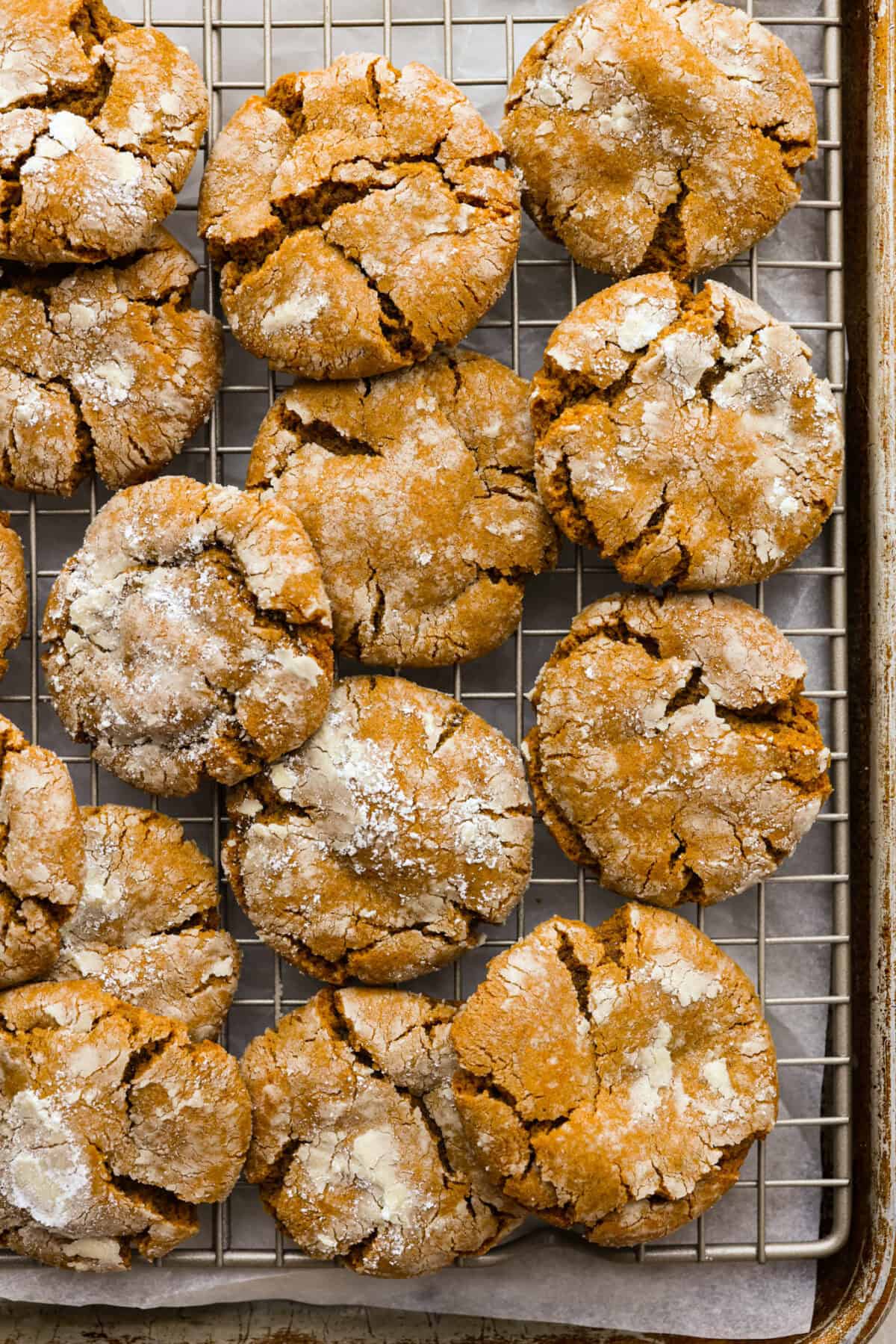 These gingerbread crinkle cookies are incredibly soft and flavorful! Their deep molasses flavor, spiced to perfection and rolled in powdered sugar, is so good with a glass of milk. They are the perfect cookies to make for Santa this holiday season. Overhead shot of gingerbread crinkle cookies on a cooling rack over a baking sheet.
