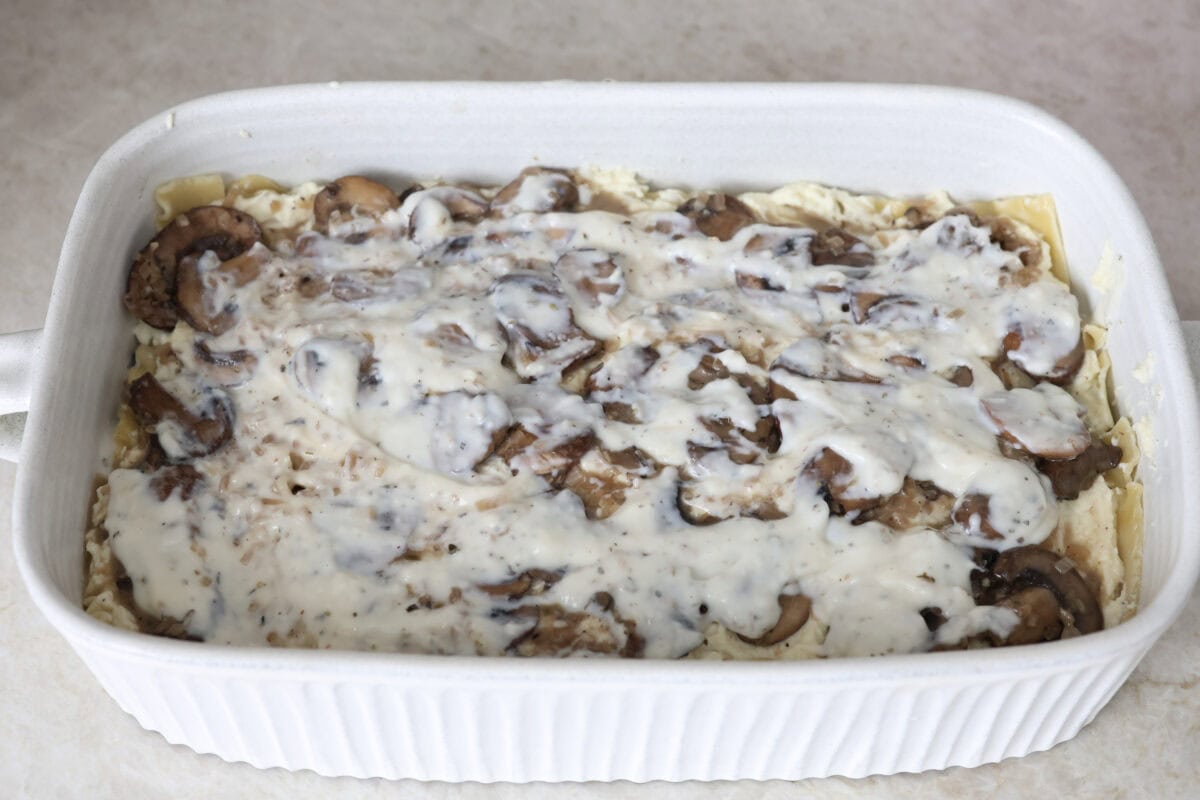This creamy, cheesy mushroom lasagna is a delicious twist on the classic. Instead of traditional meat and red sauce, this recipe features layers of garlicky mushrooms and a rich bechamel sauce that brings incredible depth to every bite. Angle shot of mushroom lasagna with a layer of sauce, noodles, mushrooms topped with sauce.