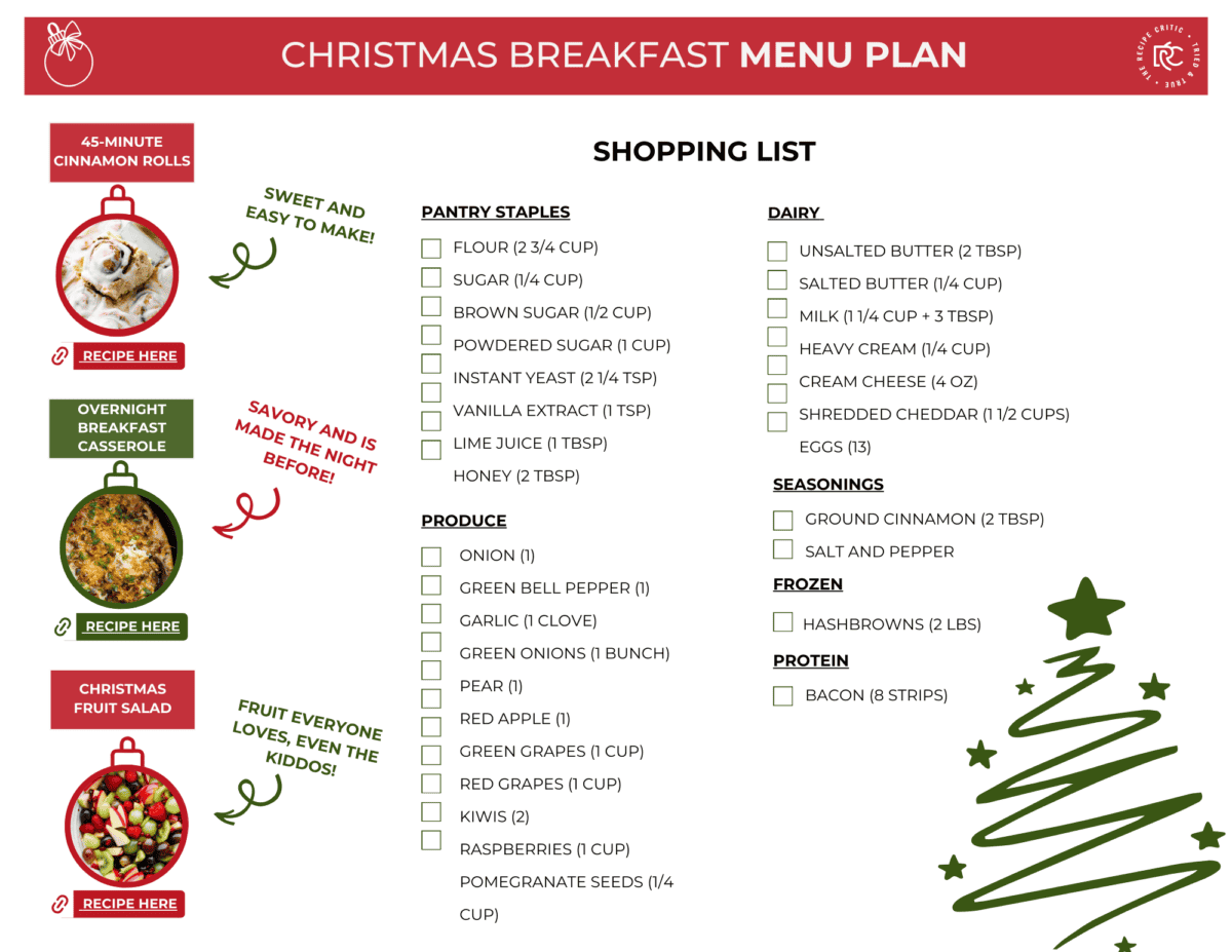 I love, love, love enjoying a delicious breakfast on Christmas but don't want to spend a lot of time doing it. This menu plan has 3 recipes: sweet, savory and a fruit option and ALL of them are easy! A pdf shopping list.