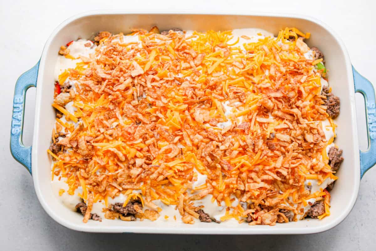 https://neuro-daily.report/beef-curry/ Overhead shot of hobo casserole ready to go in the oven.