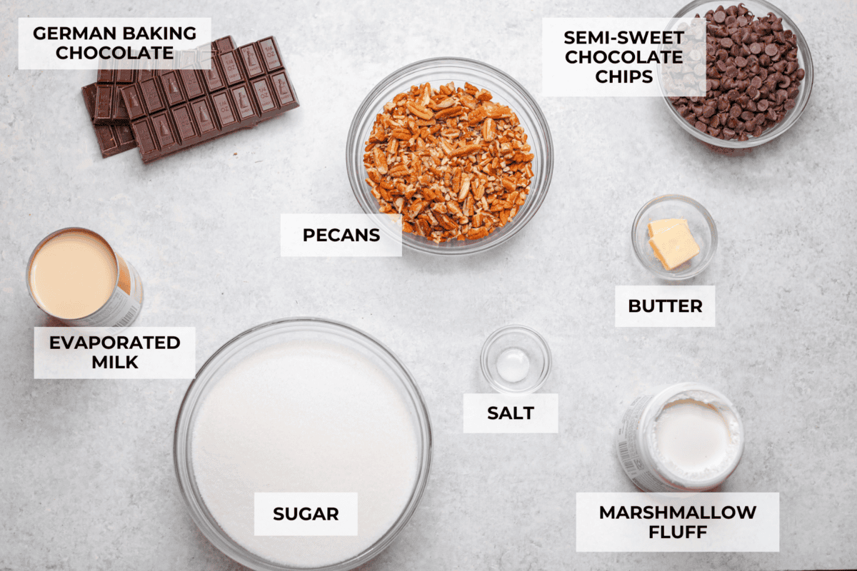 Million Dollar Fudge is a rich, creamy treat that lives up to its name! Packed with decadent chocolate, marshmallow fluff, and crunchy nuts, it’s perfect for gifting, sharing, or savoring all to yourself. Overhead shot of labeled ingredients.