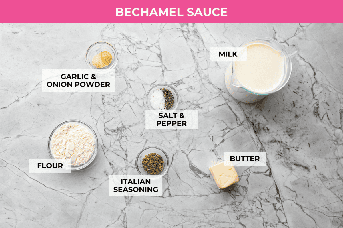 This creamy, cheesy mushroom lasagna is a delicious twist on the classic. Instead of traditional meat and red sauce, this recipe features layers of garlicky mushrooms and a rich bechamel sauce that brings incredible depth to every bite. Overhead shot of labeled ingredients for Bรฉchamel sauce.