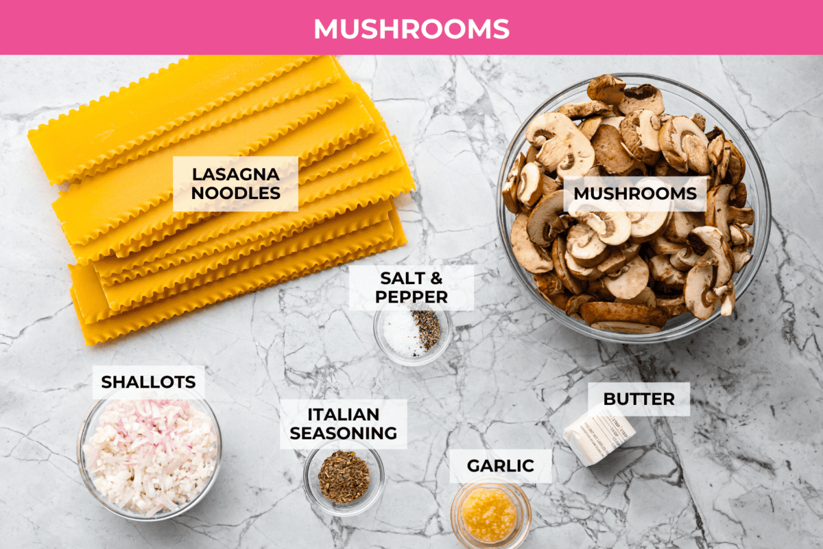 This creamy, cheesy mushroom lasagna is a delicious twist on the classic. Instead of traditional meat and red sauce, this recipe features layers of garlicky mushrooms and a rich bechamel sauce that brings incredible depth to every bite. Overhead shot of labeled ingredients for garlic mushrooms and pasta.