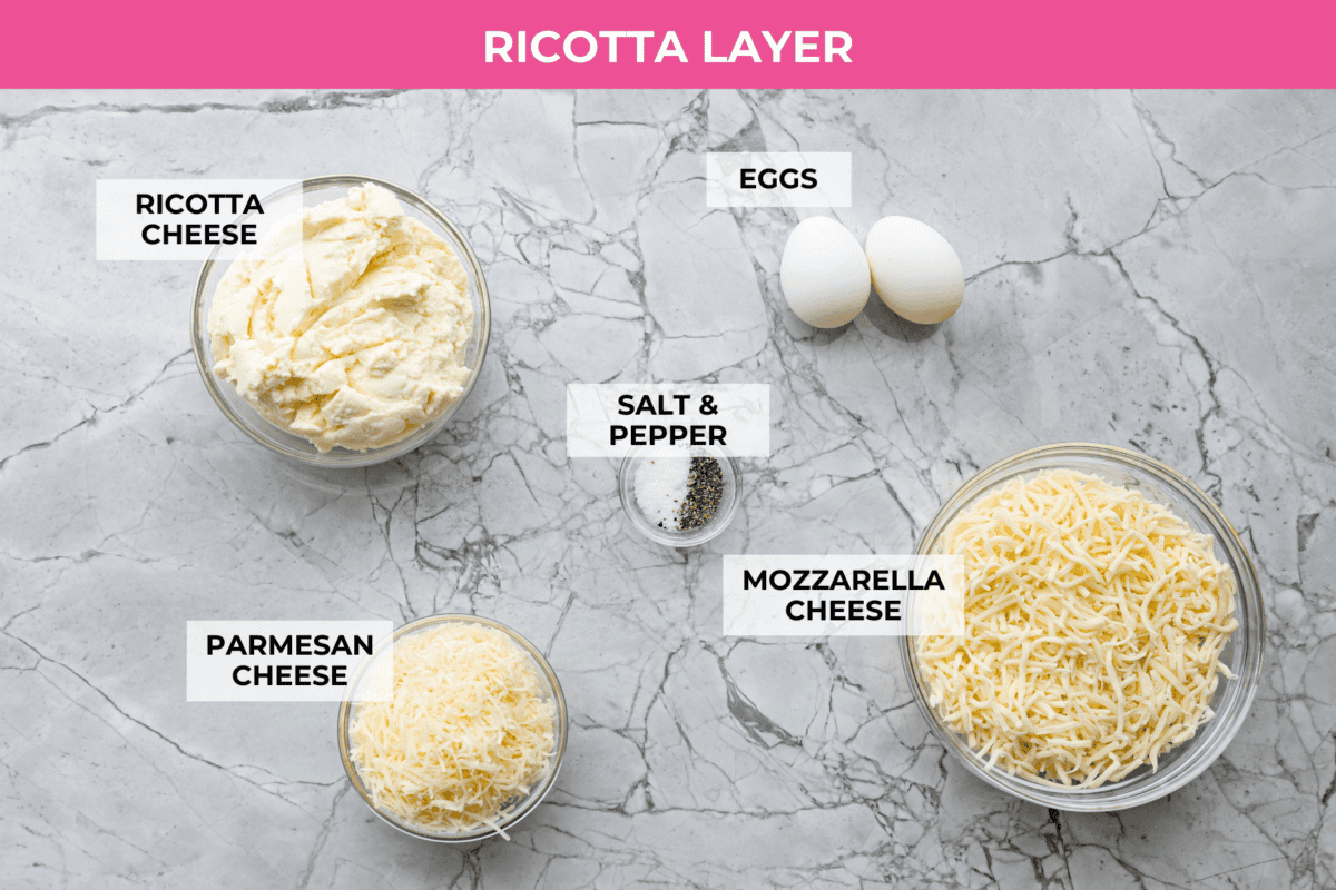 This creamy, cheesy mushroom lasagna is a delicious twist on the classic. Instead of traditional meat and red sauce, this recipe features layers of garlicky mushrooms and a rich bechamel sauce that brings incredible depth to every bite. Overhead shot of labeled ingredients for the mushroom lasagna ricotta layer.