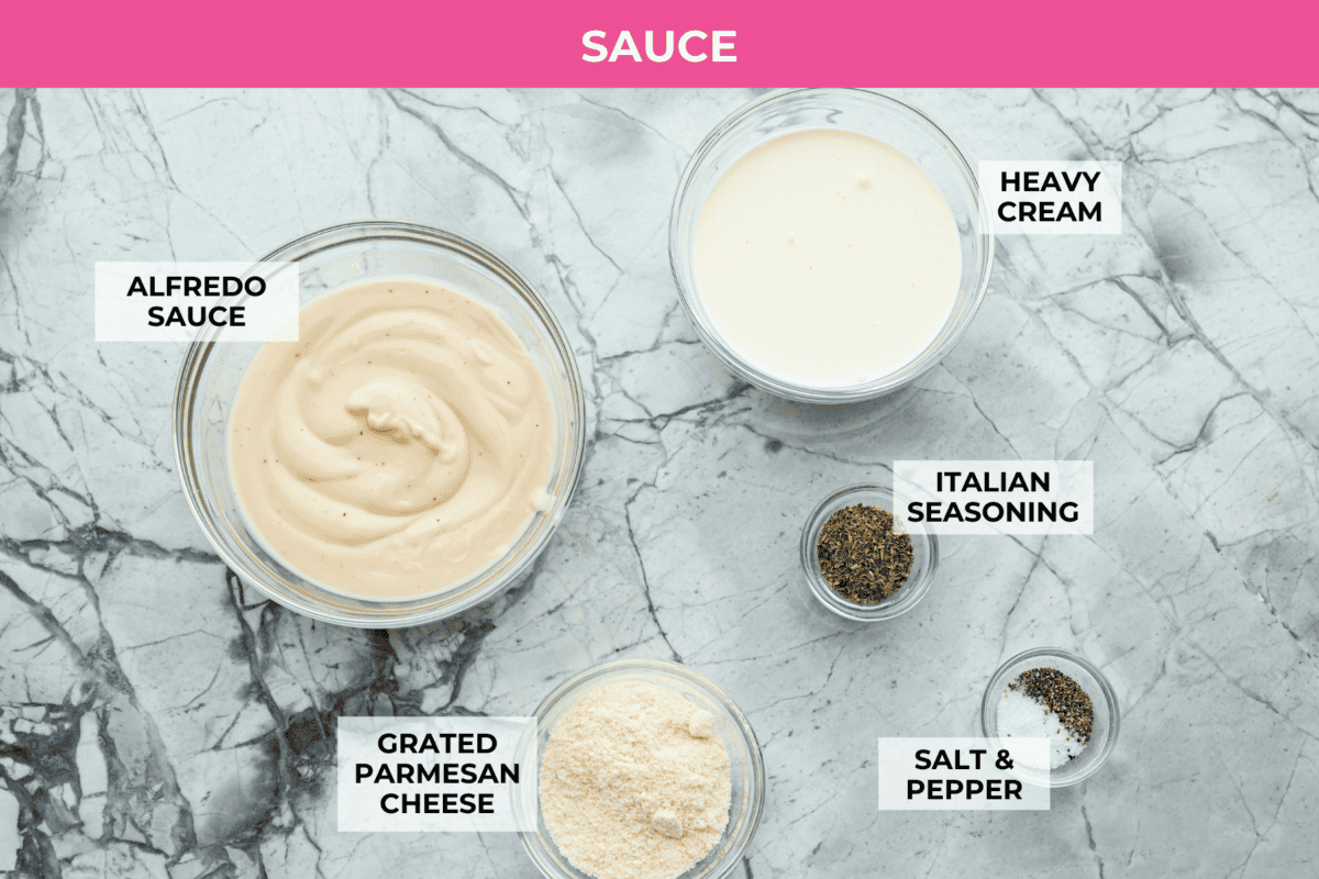 Seafood Stuffed Shells is a comforting meal that's sure to impress! Jumbo pasta shells are generously filled with a creamy, savory seafood filling and coated in a rich Alfredo-based sauce. Finish with a crispy crumb topping for an irresistible dinner! Overhead shot of labeled sauce ingredients.