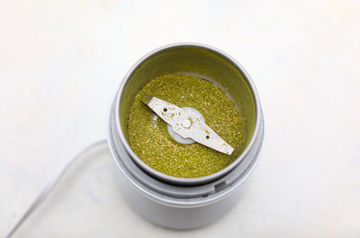 https://www.target.com/p/bodum-bistro-blade-grinder-stainless-steel/-/A-54612773#lnk=sametab Overhead shot of the ground up bay leaves in the grinder.