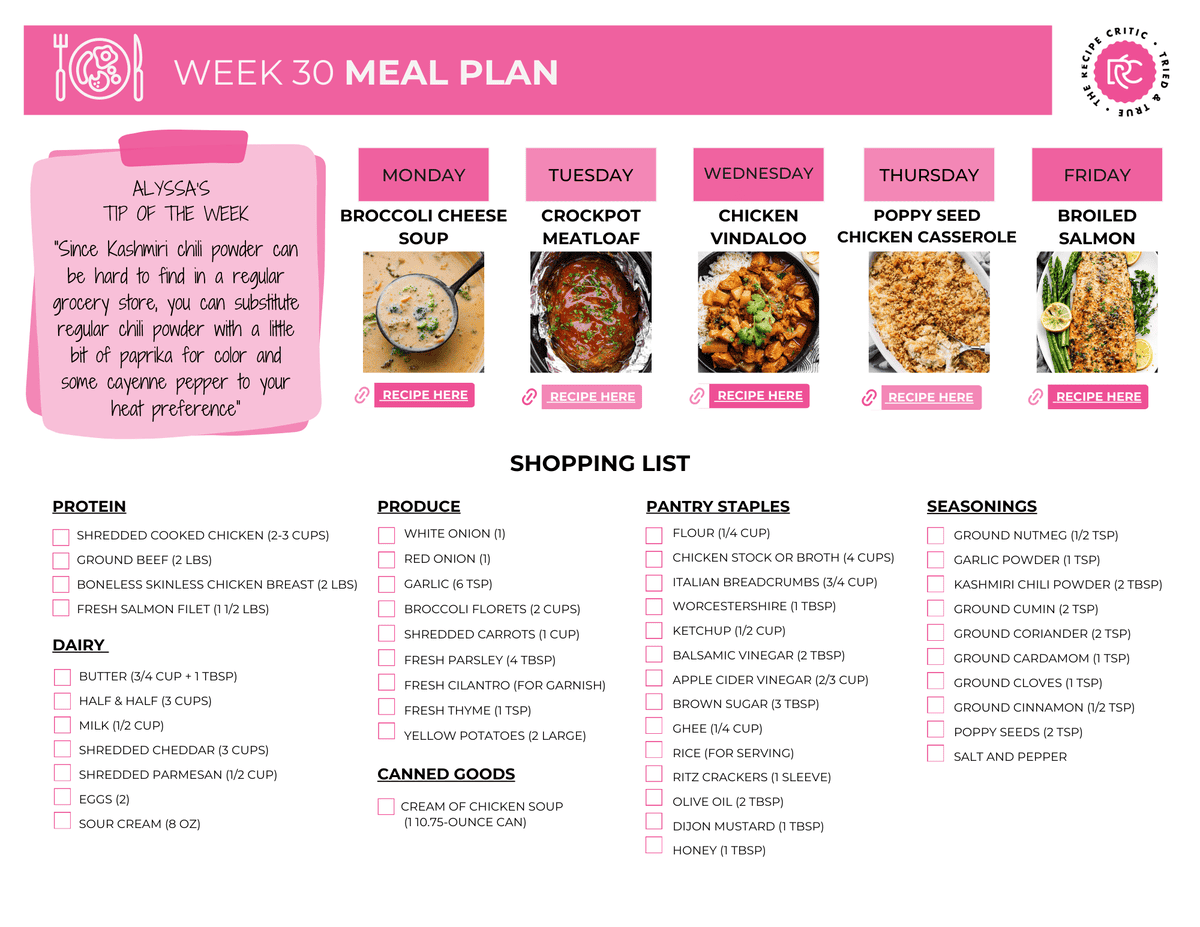 This week’s meal plan is all about easy, flavorful dinners the whole family will love. It has all your comfort dishes that will make perfect leftovers!