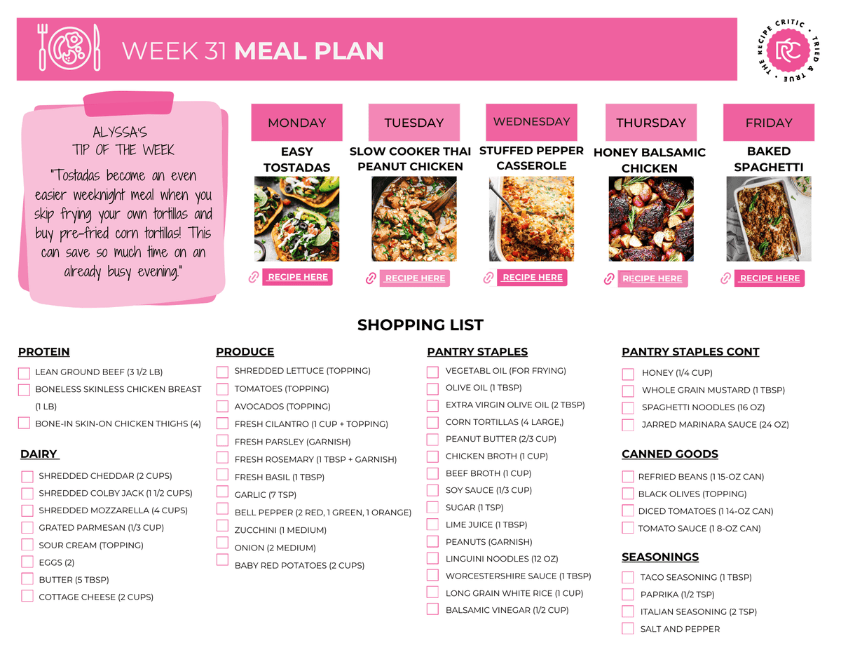 I love when a weekly meal plan has variety! This one includes crockpot, skillet and baked meals keeping all of the meals simple but so delicious.