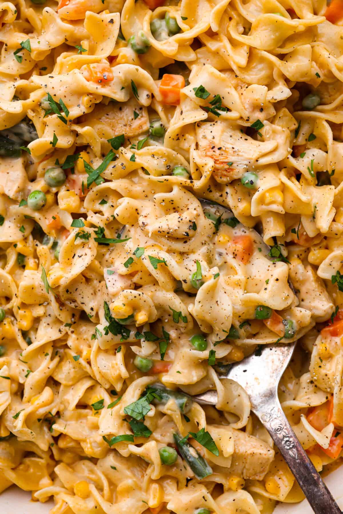 Chicken Pot Pie Pasta is a quick and easy twist on the classic comfort food. This one-pan recipe includes all the creamy, hearty flavors of a traditional chicken pot pie but swaps the pie crust for tender noodles. Itโs a simple, fuss-free meal ready in just 30 minutes! Close up shot of chicken pot pie pasta.