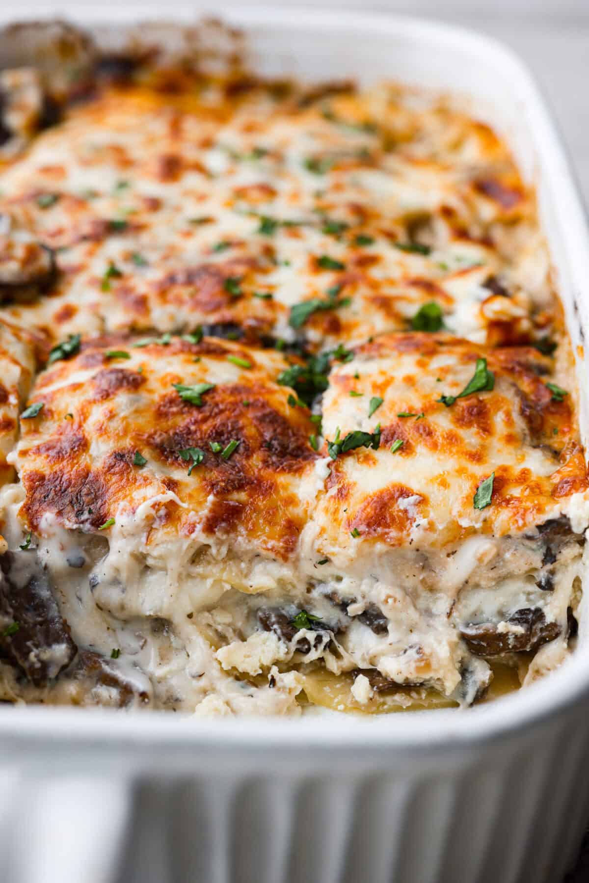 This creamy, cheesy mushroom lasagna is a delicious twist on the classic. Instead of traditional meat and red sauce, this recipe features layers of garlicky mushrooms and a rich bechamel sauce that brings incredible depth to every bite. Close up shot of mushroom lasagna in a baking dish with slices taken out.