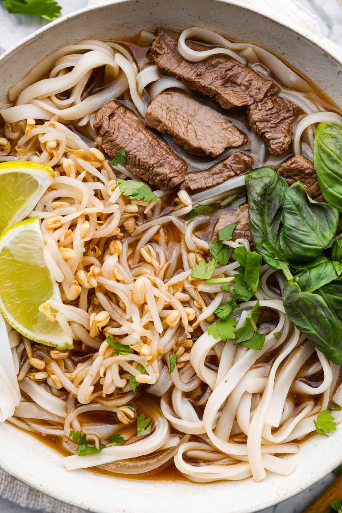 This simplified version of Vietnamese noodle soup brings the comforting flavors you love in Pho but with less effort. For a truly authentic experience, donโt miss out on this detailed recipe! Close up shot of Vietnamese noodle soup in a bowl.
