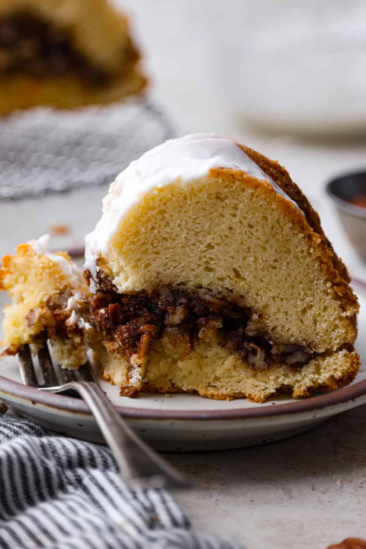 This Sock It to Me Cake is a moist, buttery Southern bundt cake with a delicious cinnamon-sugar pecan layer swirled through the middle. It became popular because of Duncan Hines in the 1960s and 1970s, and you'll understand why once you try it! Close up shot of a plated piece of sock it to me cake.