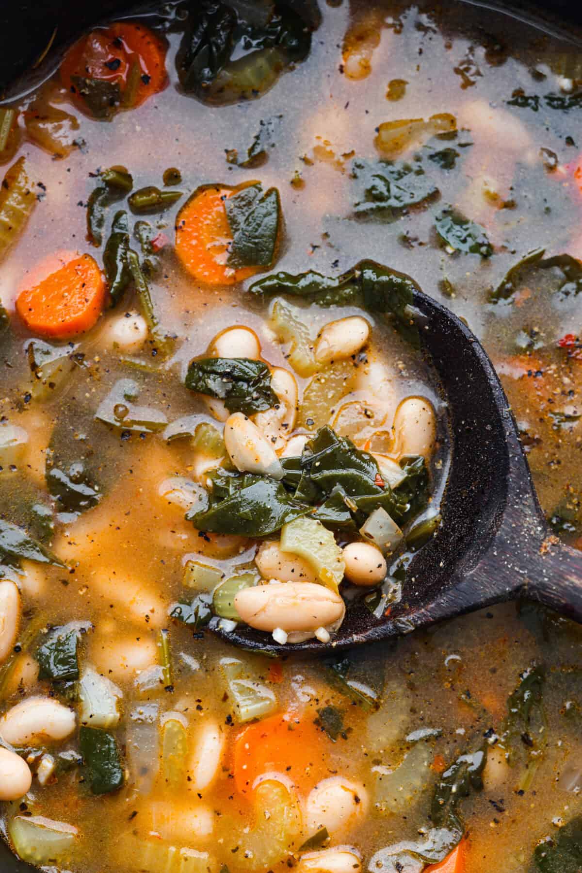Tuscan white bean soup is like a warm hug in a bowl. Hearty beans and tender vegetables come together to give you a boost of nutrients. This soup is light and fresh tasting, with bright, zesty flavors! Close up shot of Tuscan white bean soup.