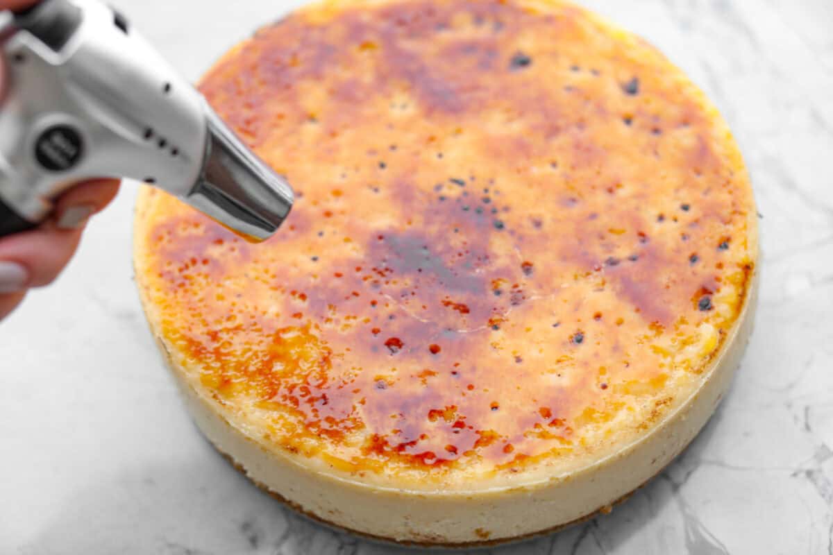 Creme Brulee Cheesecake is the perfect merging of two beloved desserts! It has the rich, creamy texture of cheesecake with the caramelized sugar topping of classic crรจme brรปlรฉe. This irresistible treat is the best of both worlds! Overhead shot of someone torching the sugar on top of the creme brรปlรฉe cheesecake.