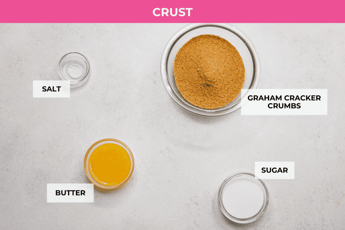 Creme Brulee Cheesecake is the perfect merging of two beloved desserts! It has the rich, creamy texture of cheesecake with the caramelized sugar topping of classic crรจme brรปlรฉe. This irresistible treat is the best of both worlds! Overhead shot of labeled crust ingredients.