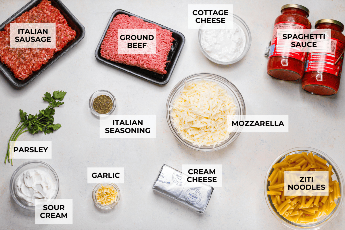 Million Dollar Baked Ziti is the ultimate comfort food that tastes like a million bucks! It's packed with layers of tender noodles, ground meat, spaghetti sauce, and plenty of cheesy goodness. There is something for the whole family in this hearty, crowd-pleasing dish! Overhead shot of labeled ingredients.