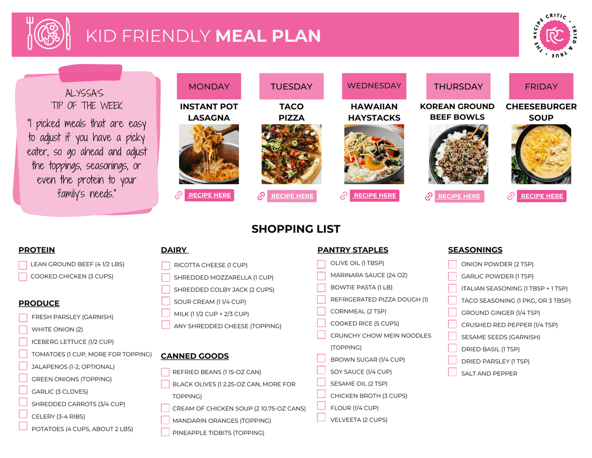 This week’s meal plan is here to save your sanity! It’s full of quick, kid-approved dinners that are easy to make and guaranteed to keep everyone happy (yes, even the picky eaters)! A pdf shopping list for a kid friendly meal plan.