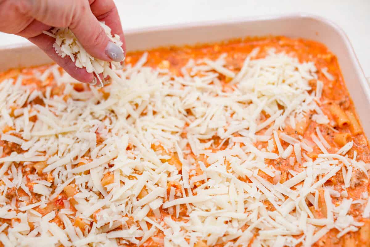 Million Dollar Baked Ziti is the ultimate comfort food that tastes like a million bucks! It's packed with layers of tender noodles, ground meat, spaghetti sauce, and plenty of cheesy goodness. There is something for the whole family in this hearty, crowd-pleasing dish! Angle shot of someone sprinkling cheese on top of the millioin dollar baked ziti casserole.