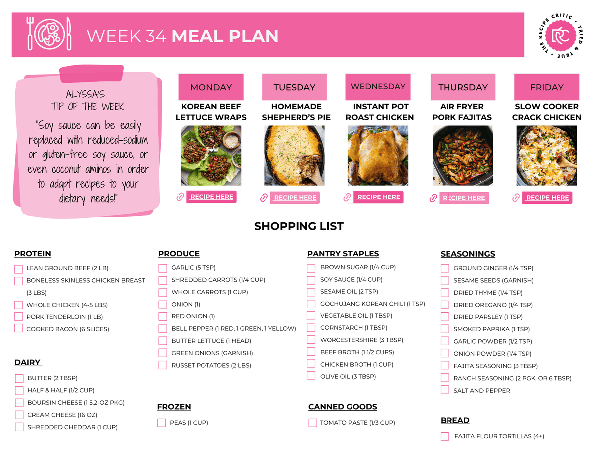 I love when a weekly meal plan has variety! This one includes crockpot, skillet and baked meals keeping all of the meals simple but so delicious.