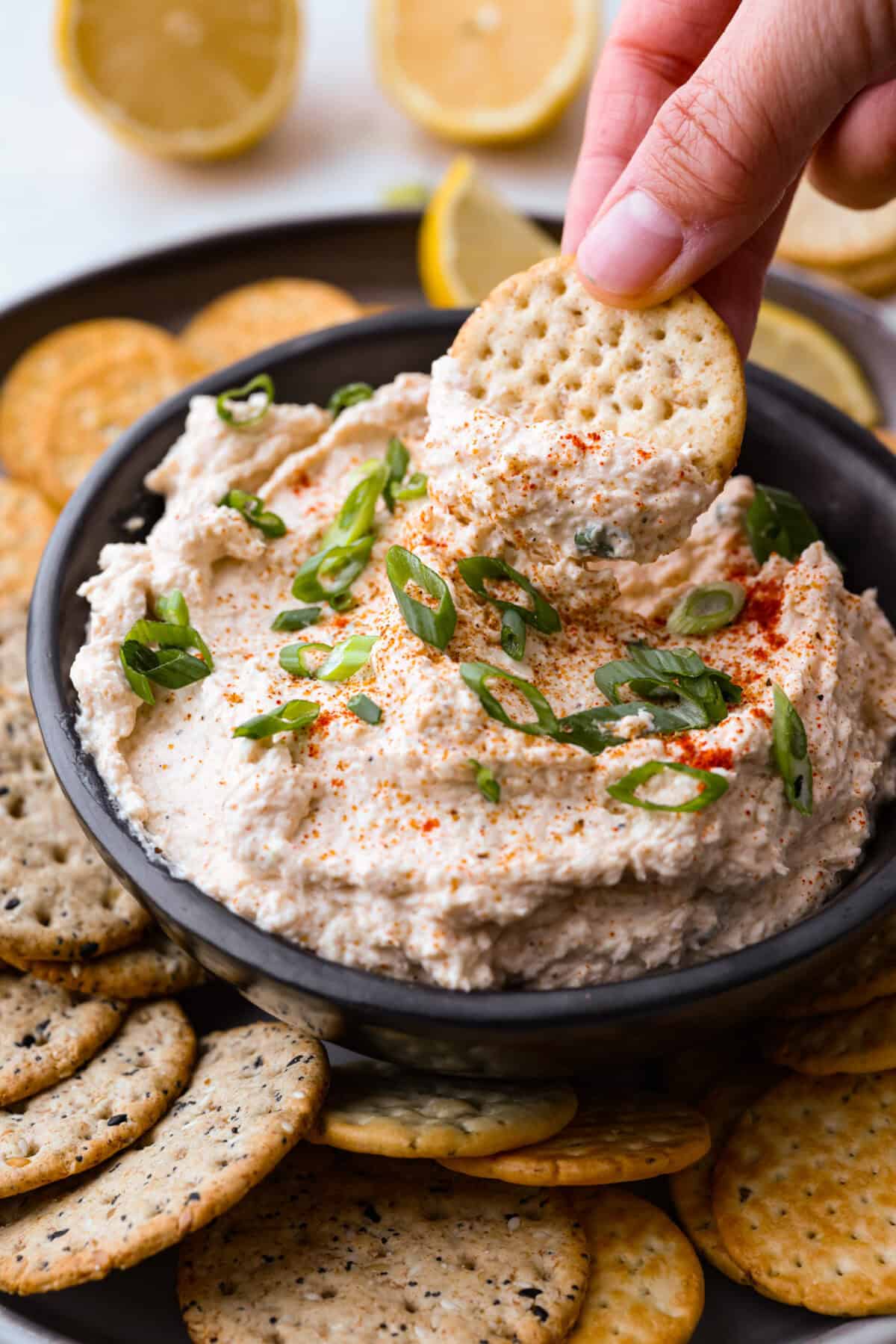 Spice up your appetizer game with Cajun Crab Dip! Packed with tender crab meat, bold Cajun seasoning, and a luscious, creamy base. This dip is irresistibly rich and full of flavor. Serve this at your next gathering with your favorite crispy crackers! Angle shot of someone dipping a cracker into the cajun crab dip.