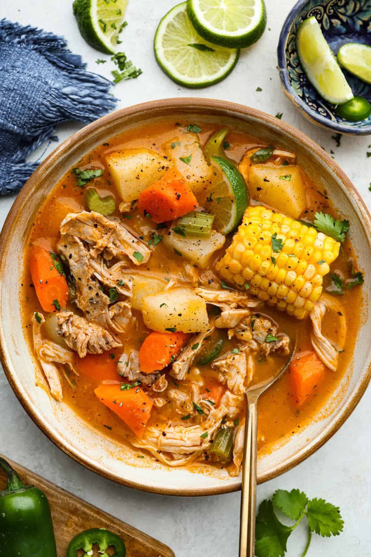 Caldo de Pollo is a comforting and flavorful Mexican chicken soup made with tender chicken, hearty vegetables, and a rich, savory broth. Itโs warm, nourishing, and perfect for cozying up on a chilly day! Overhead shot of a bowl of Caldo de pollo.