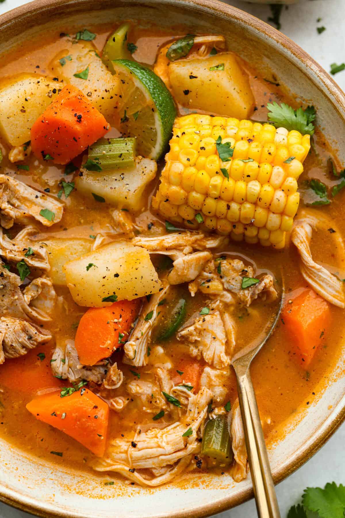 Caldo de Pollo is a comforting and flavorful Mexican chicken soup made with tender chicken, hearty vegetables, and a rich, savory broth. Itโs warm, nourishing, and perfect for cozying up on a chilly day! Close up shot of a bowl of Caldo de pollo.