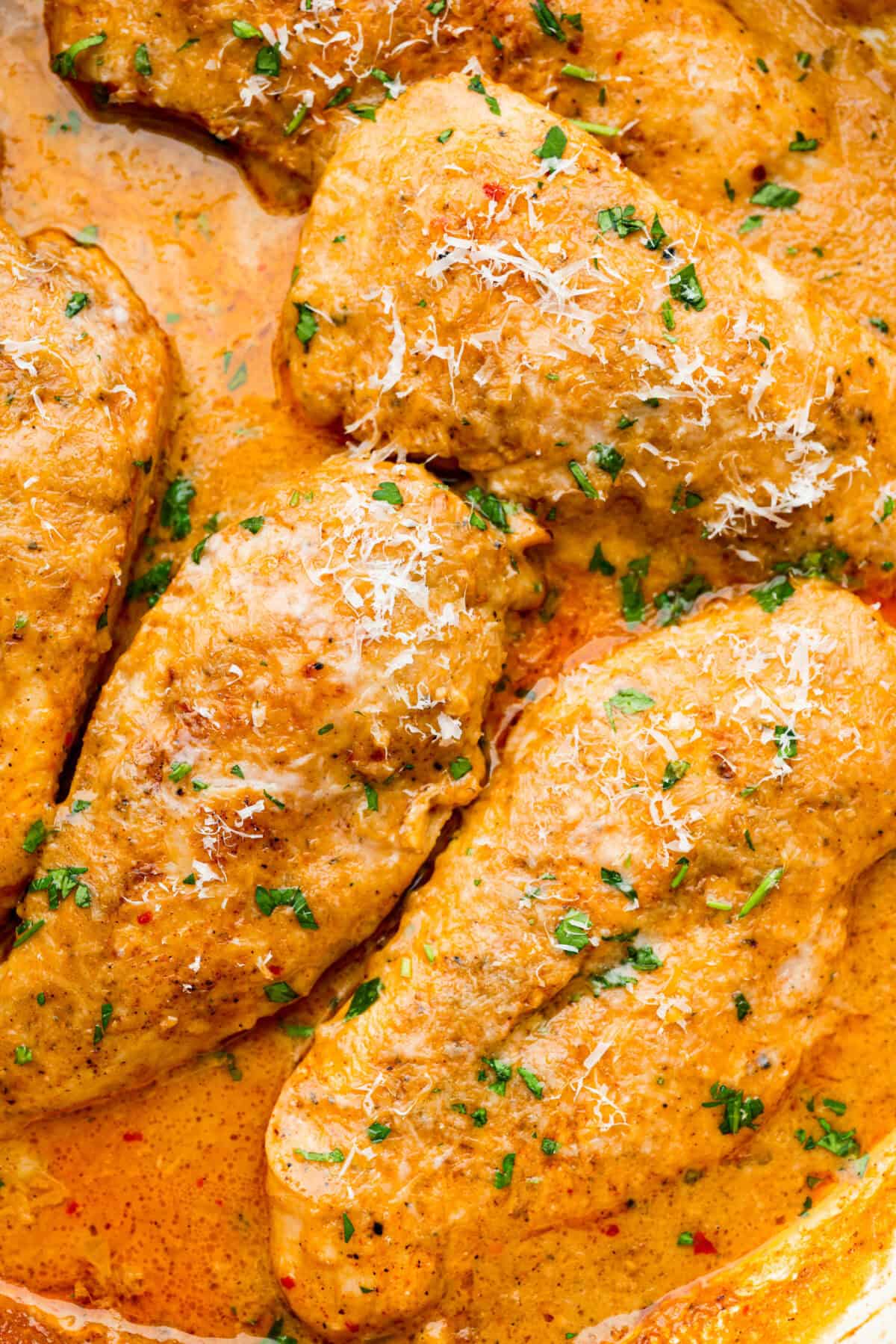 Creamy Cajun Chicken is the perfect combination of bold, zesty flavors and rich, velvety sauce. Juicy, tender chicken is coated in a perfectly spiced Cajun seasoning and simmered in a luscious, creamy sauce thatโs packed with flavor. Close up shot of creamy cajun chicken.