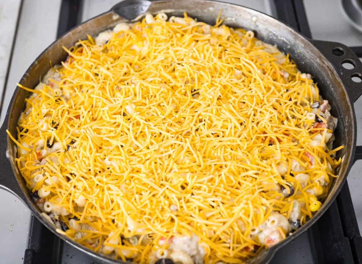 Creamy, cheesy Cowboy Mac and Cheese gets a bold twist with hearty additions like seasoned meat, tomatoes, jalapeรฑos, corn, beans, and onions. It's rich, flavorful, and just the right amount of spice! The heat is warm but not overwhelming. If you like it spicy, add more jalapeรฑos! Everything is stirred together in a skillet and topped with shredded cheddar cheese.