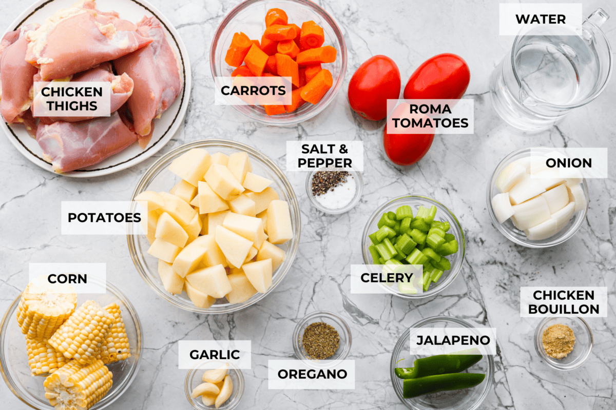Caldo de Pollo is a comforting and flavorful Mexican chicken soup made with tender chicken, hearty vegetables, and a rich, savory broth. Itโs warm, nourishing, and perfect for cozying up on a chilly day! Overhead shot of labeled ingredients.