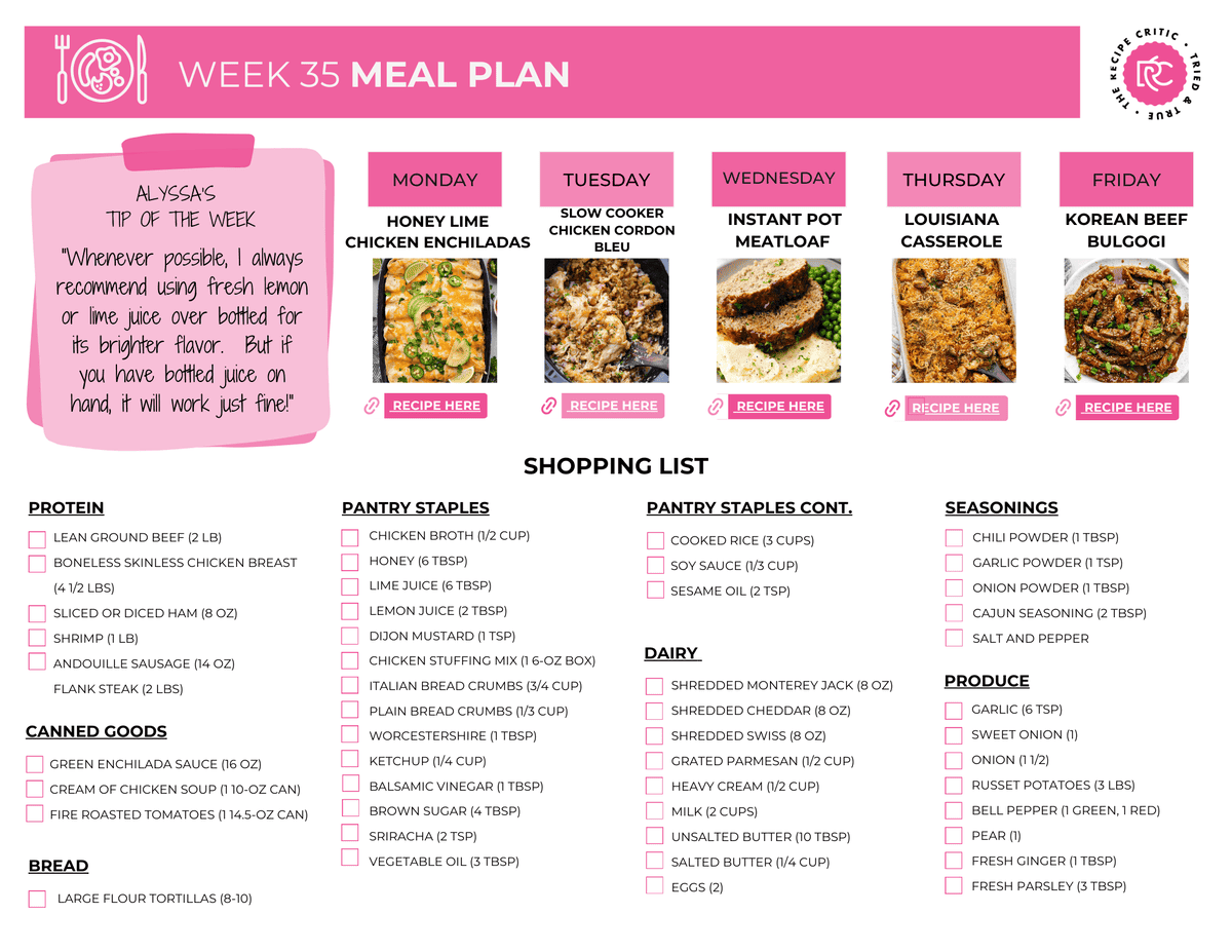 This week’s meal plan is all about big flavors and easy prep to keep dinnertime stress-free! A pdf of a shopping list.