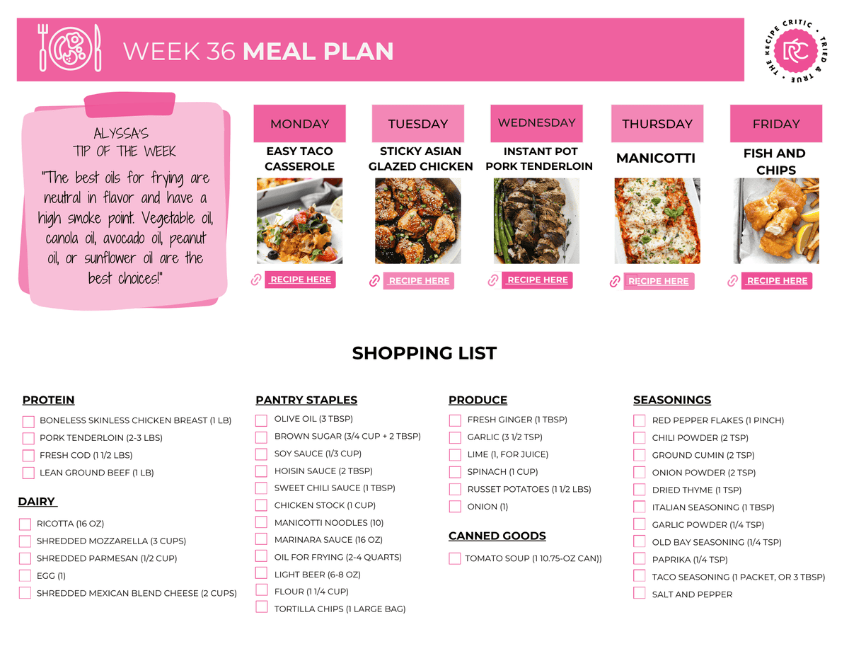I love when a weekly meal plan has variety! This one includes crockpot, skillet and baked meals keeping all of the meals simple but so delicious.