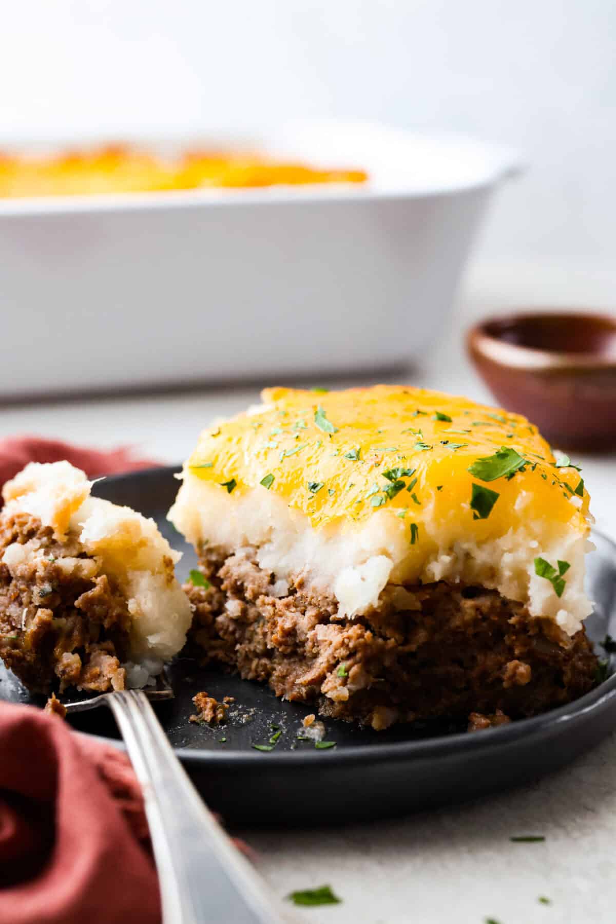 Plated meatloaf casserole.