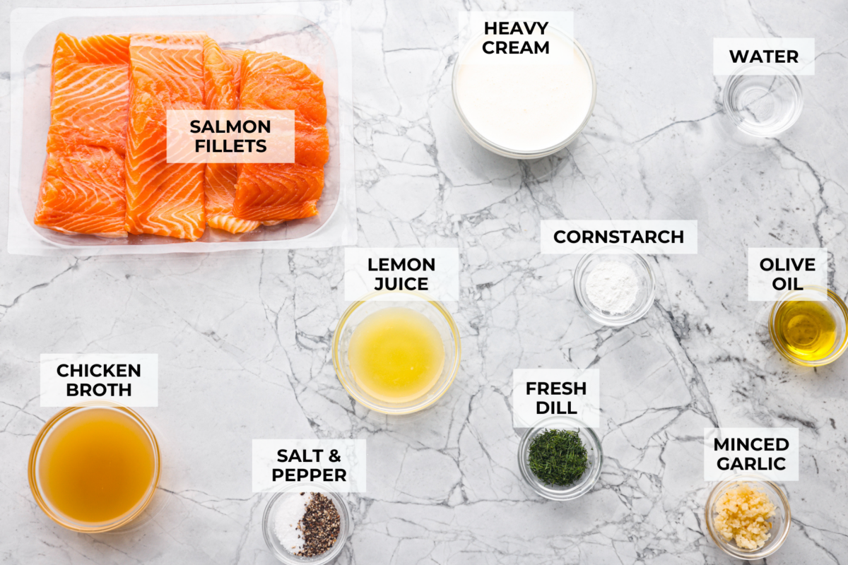 My Pan Seared Salmon has a new and improved Sauce! I added salt to bring out the flavors, and now it’s perfect! Fresh lemon juice and dill make it a match made in salmon heaven! Overhead shot of labeled ingredients.