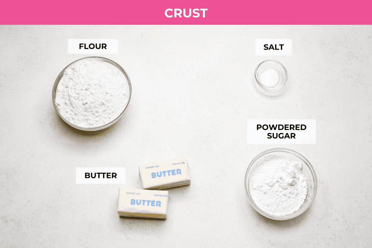 My Strawberry Delight is the ultimate summer showstopper! Buttery crust, juicy strawberries, sweet jello, and fluffy toppingโone bite and everyoneโs hooked. Overhead shot of labeled crust ingredients.