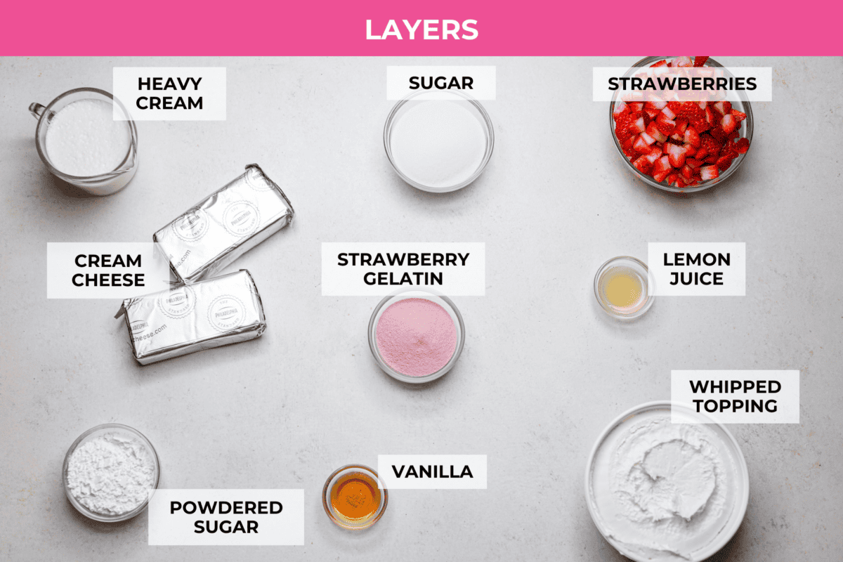 My Strawberry Delight is the ultimate summer showstopper! Buttery crust, juicy strawberries, sweet jello, and fluffy toppingโone bite and everyoneโs hooked. Overhead shot of labeled strawberry delight layers ingredients.