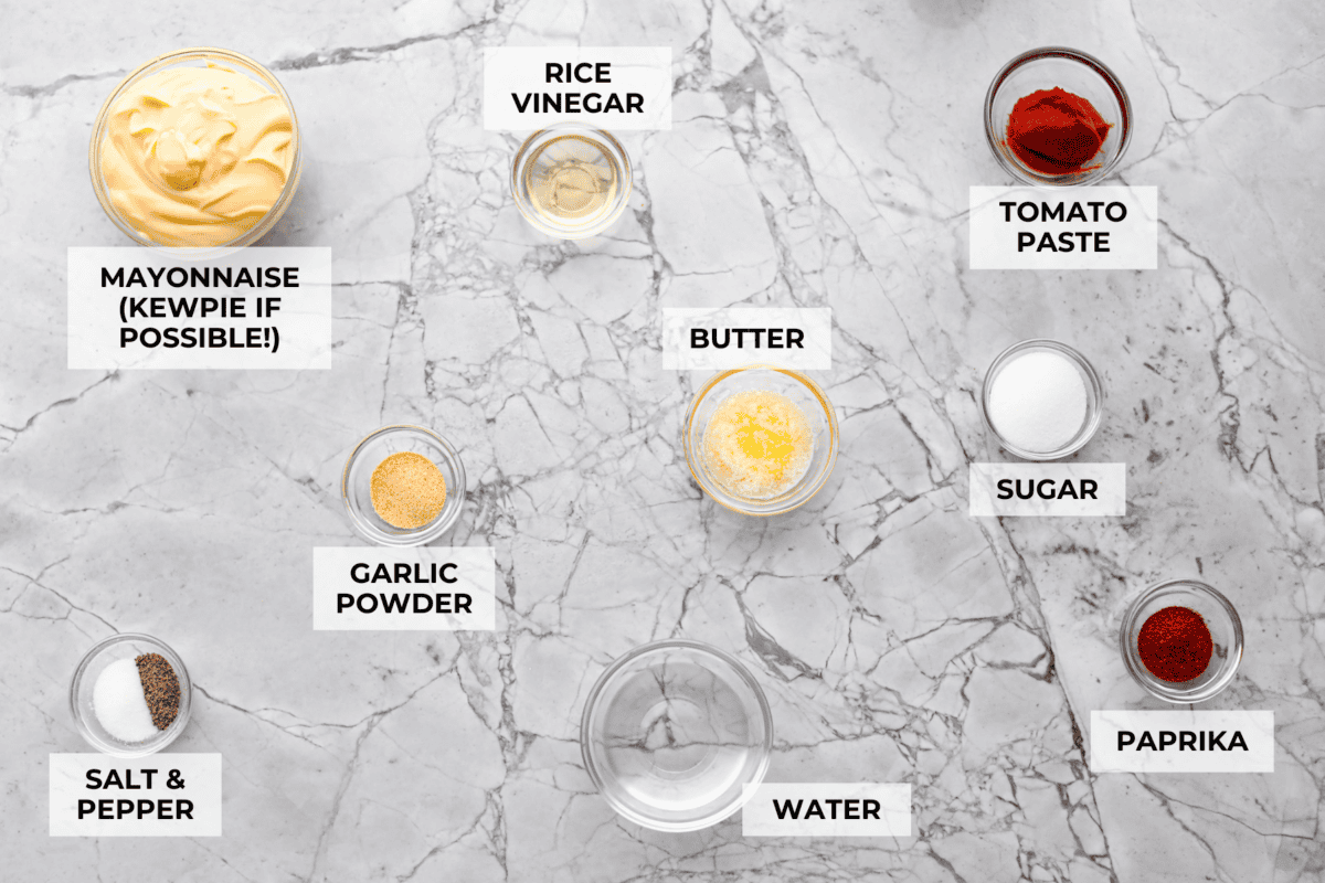 Why You Need Yum Yum Sauce In Your Life! Overhead shot of labeled ingredients.