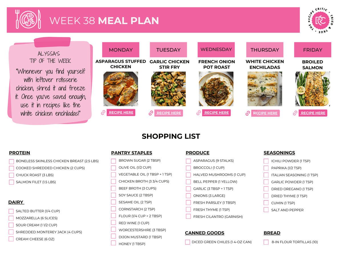 This week's recipes include a NEW one that I know you are going to be obsessed with... French Onion Pot Roast! It might be the most delicious things I have had this year! A pdf of a meal plan and a shopping list.