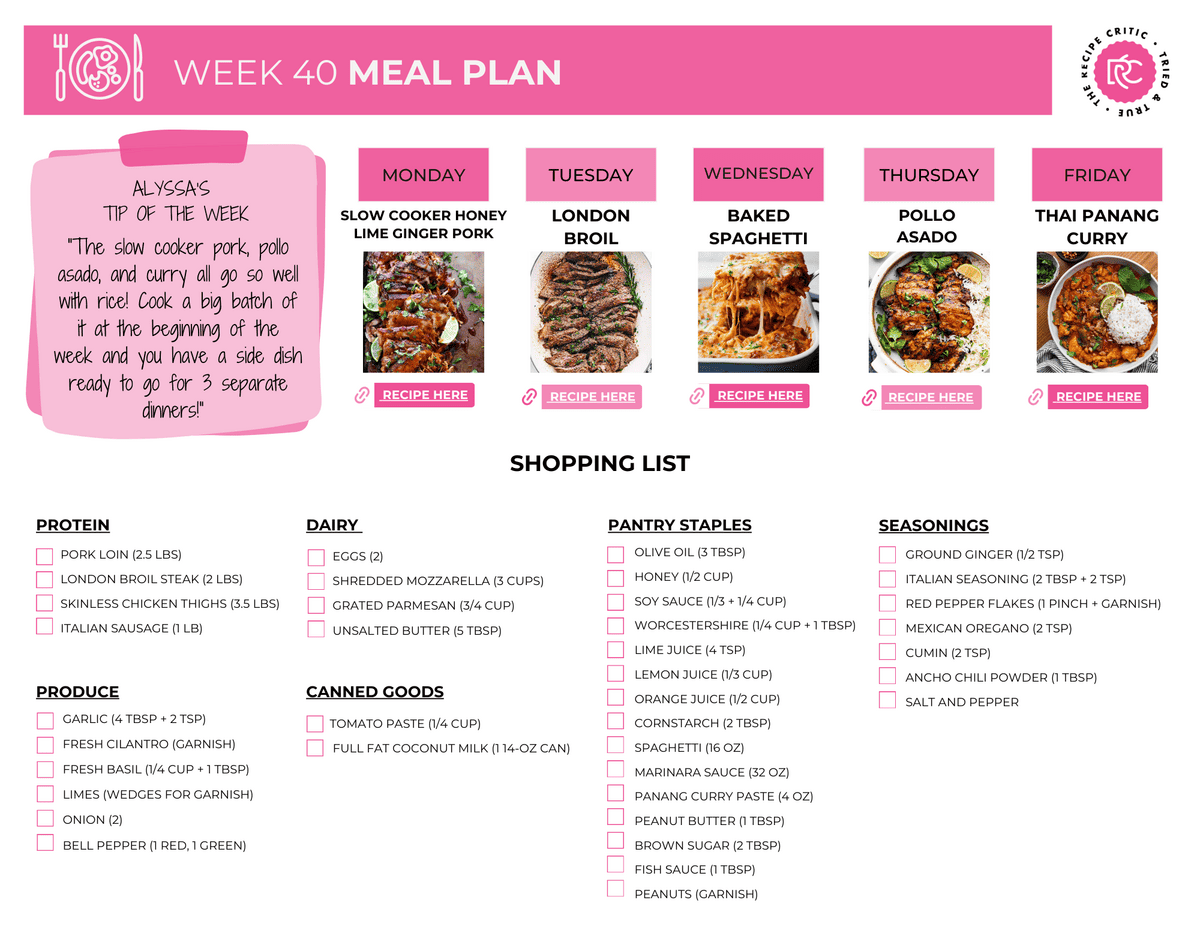This week's meal plan is full of SO much flavor and I added in two of YOUR favorite recipes! My London Broil and Baked Spaghetti are classics that so many of you love! A pdf of a meal plan and shopping list.